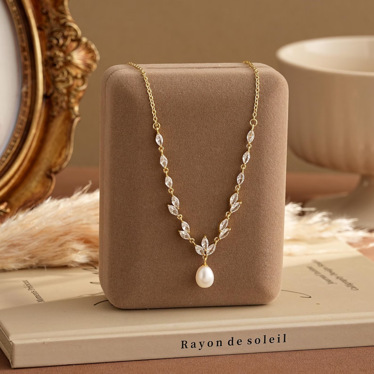 Dainty Marquise Cut Diamond White Sterling Silver Pearl Leaf Necklace