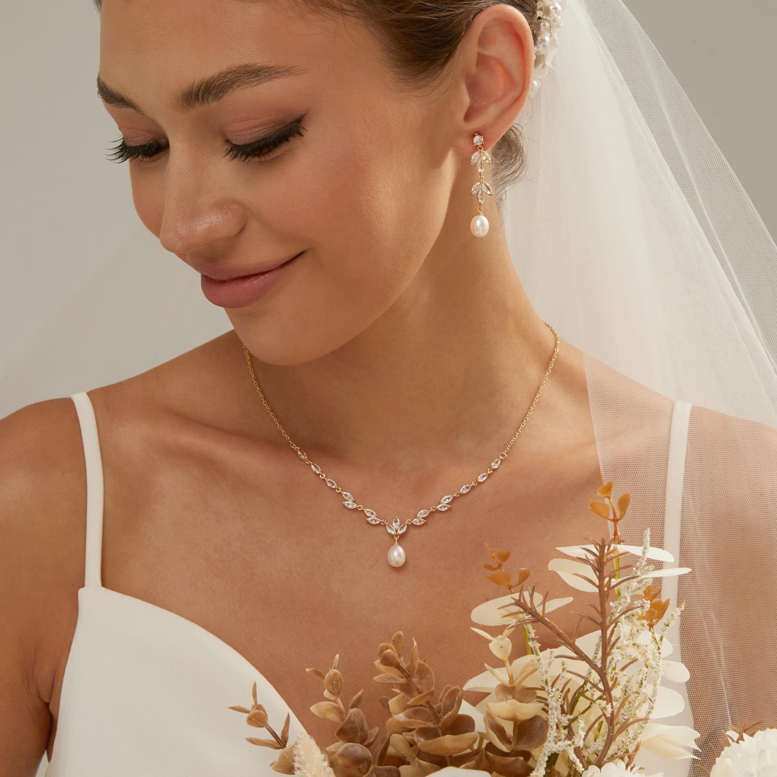 Dainty Marquise Cut Diamond White Sterling Silver Pearl Leaf Necklace