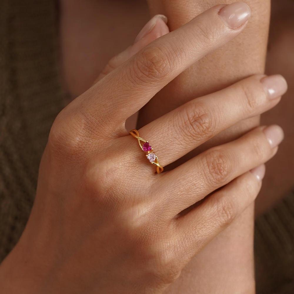Personalized Two Heart Birthstone 925 Sterling Silver Toi et Moi Ring