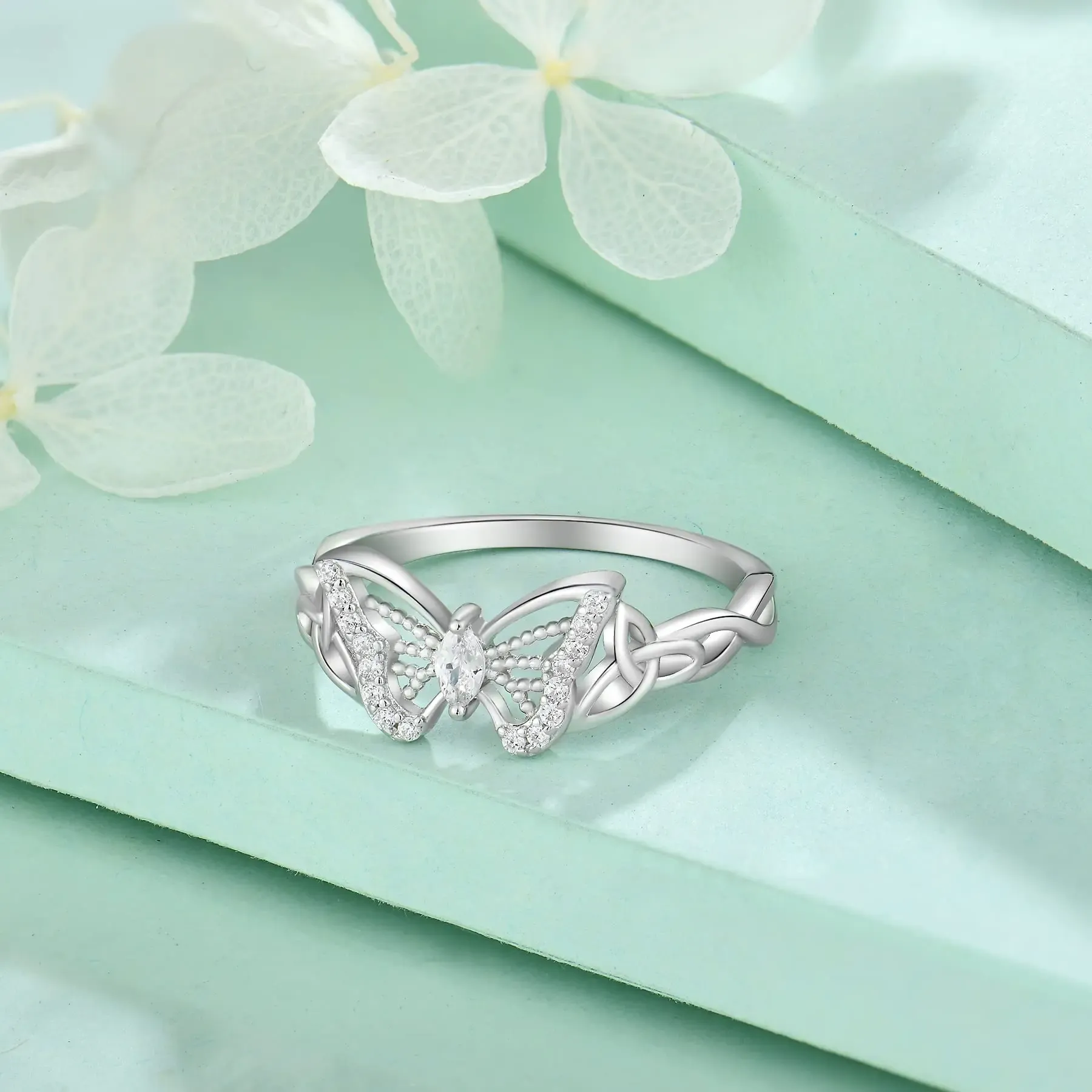 Marquise Cut Diamond White 925 Sterling Silver Butterfly Celtic Knot Engagement Ring