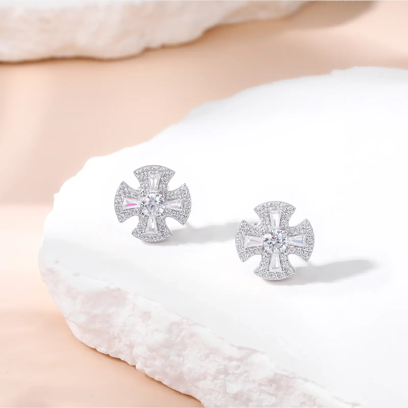 Round Cut Diamond White Sterling Silver Classic Cross Stud Earrings Gift for Her
