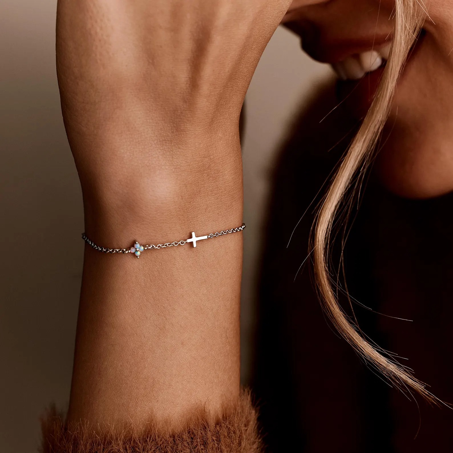 Minimalist Opal 925 Sterling Silver Inspired Cross Floral Bracelet Christian Gift
