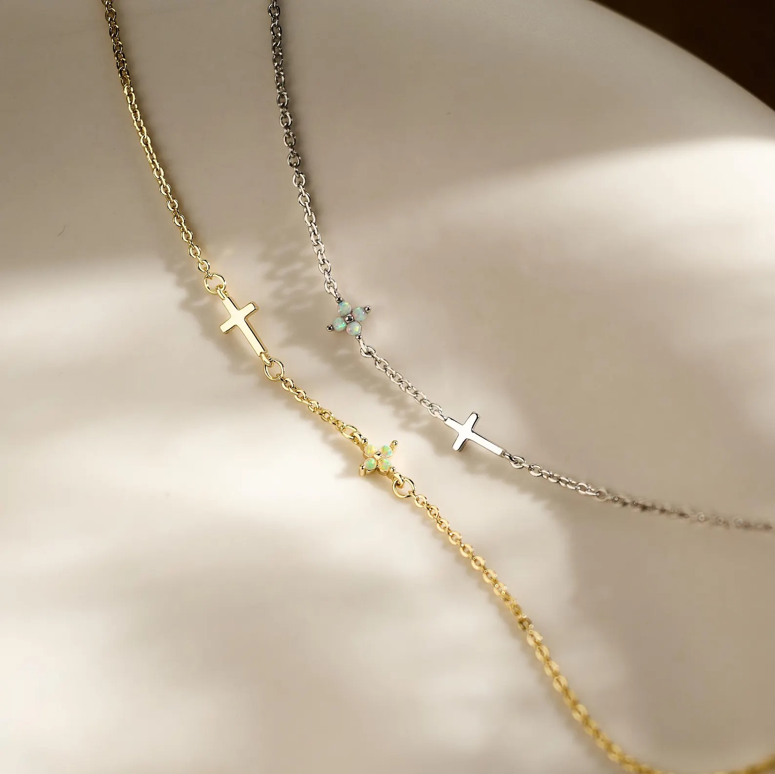 Minimalist Opal 925 Sterling Silver Inspired Cross Floral Bracelet Christian Gift