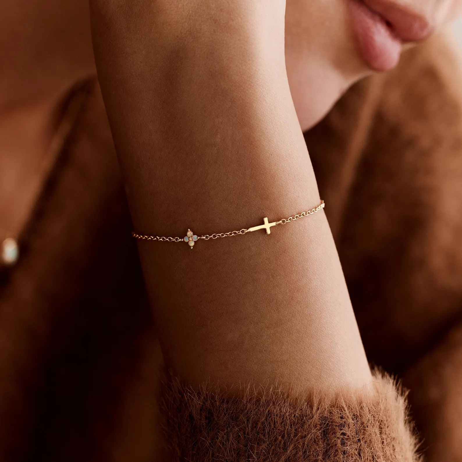 Minimalist Opal 925 Sterling Silver Inspired Cross Floral Bracelet Christian Gift