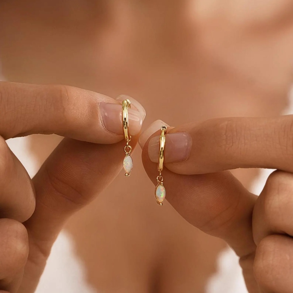 Minimalist Opal 925 Sterling Silver Yellow Gold Dangle Hoop Earrings
