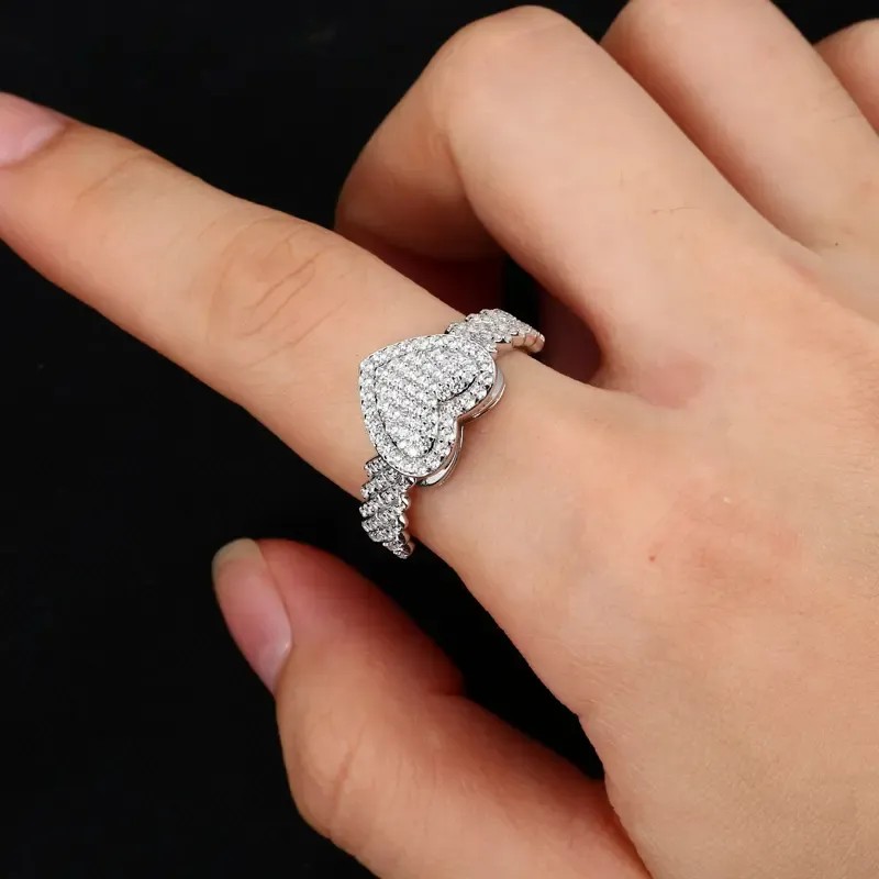 Round Cut Diamond White 925 Sterling Silver Pave Heart Halo Engagement Ring for Women