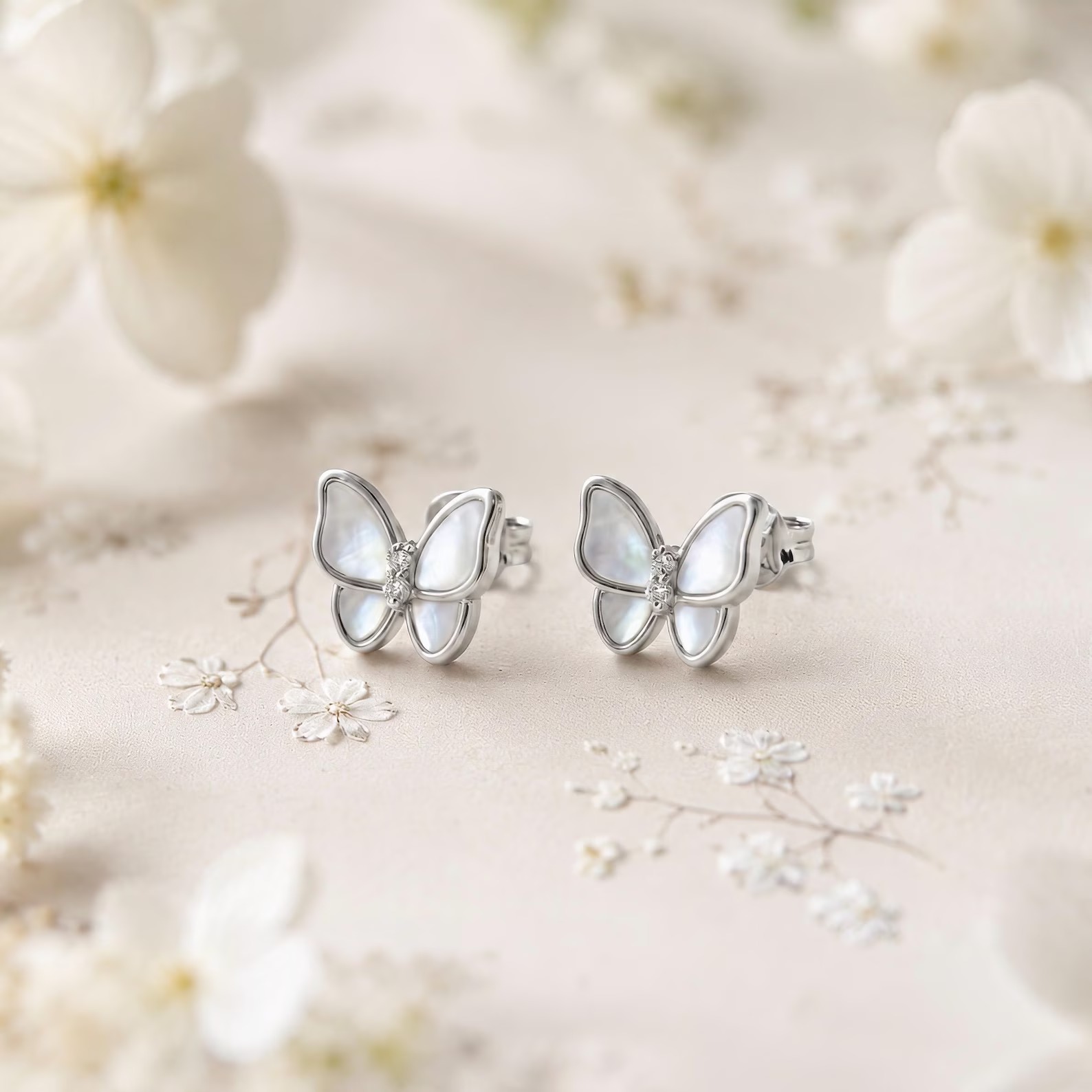 Pearl Butterfly Sterling Silver Stud Earrings Gift for Her