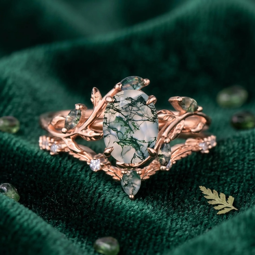 Oval Cut Green Moss Agate Nature Inspired Rose Gold Sterling Silver Engagement Ring