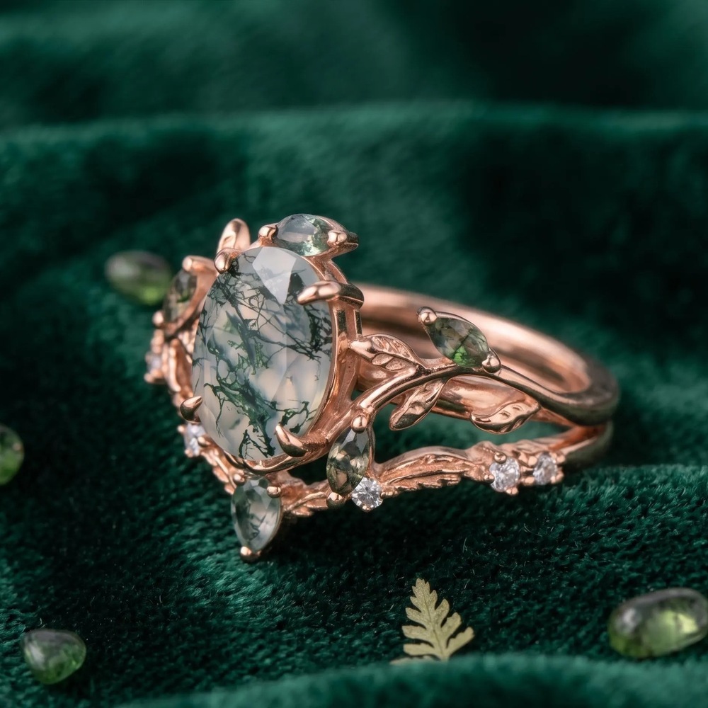 Oval Cut Green Moss Agate Nature Inspired Rose Gold Sterling Silver Engagement Ring