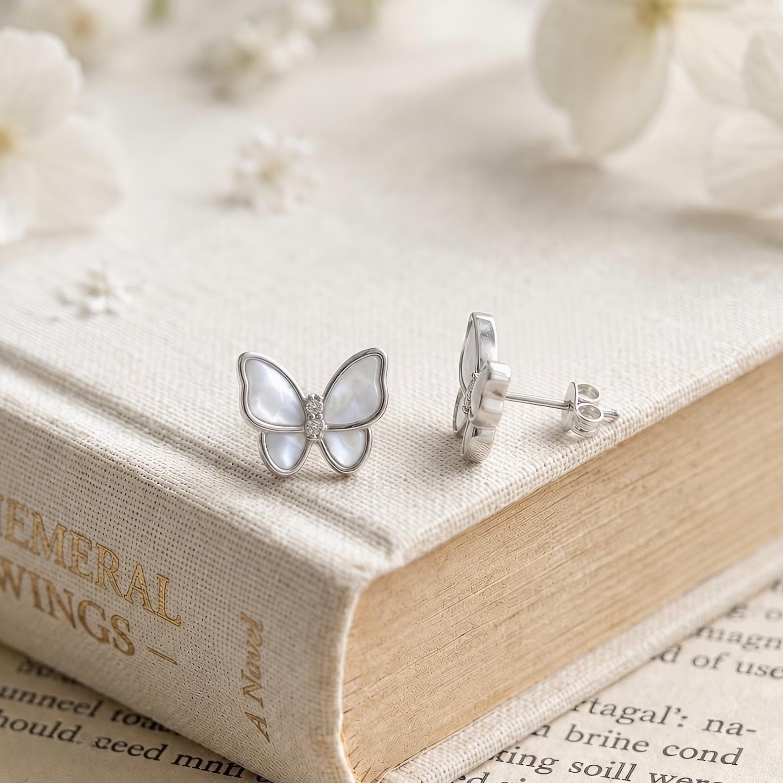 Pearl Butterfly Sterling Silver Stud Earrings Gift for Her