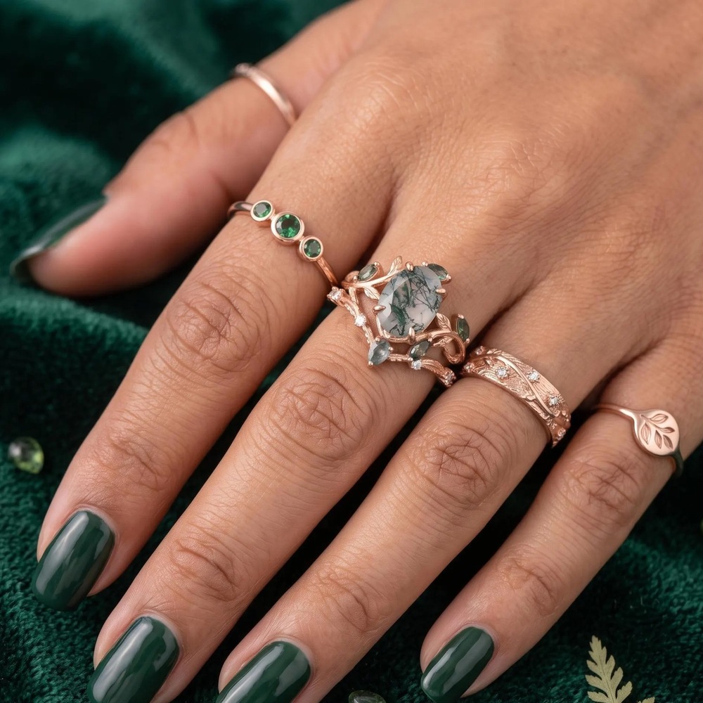 Oval Cut Green Moss Agate Nature Inspired Rose Gold Sterling Silver Engagement Ring