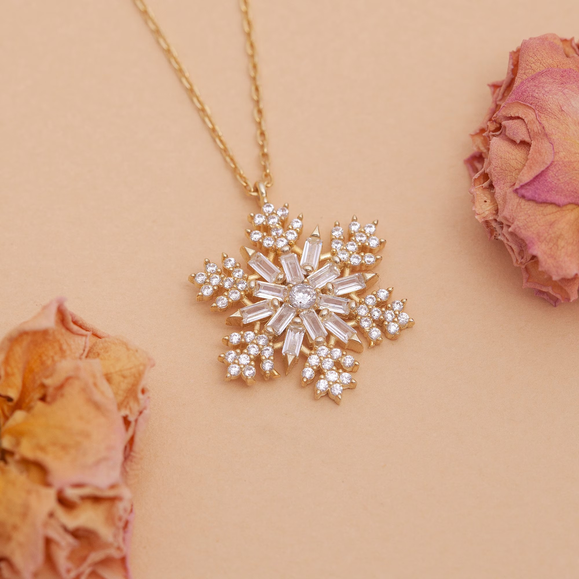 Round Cut Diamond White 925 Sterling Silver Dainty Snowflake Pendant Necklace