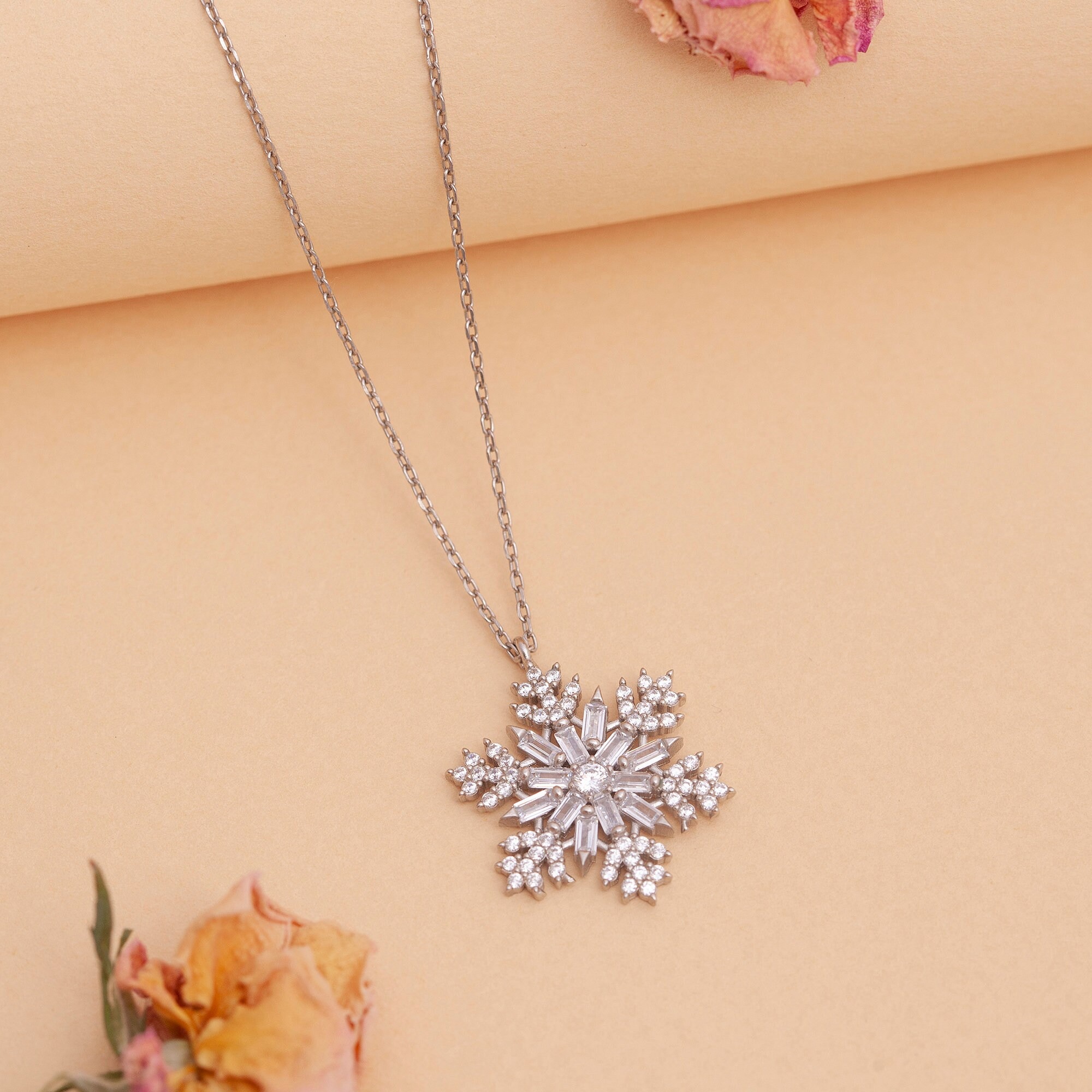 Round Cut Diamond White 925 Sterling Silver Dainty Snowflake Pendant Necklace