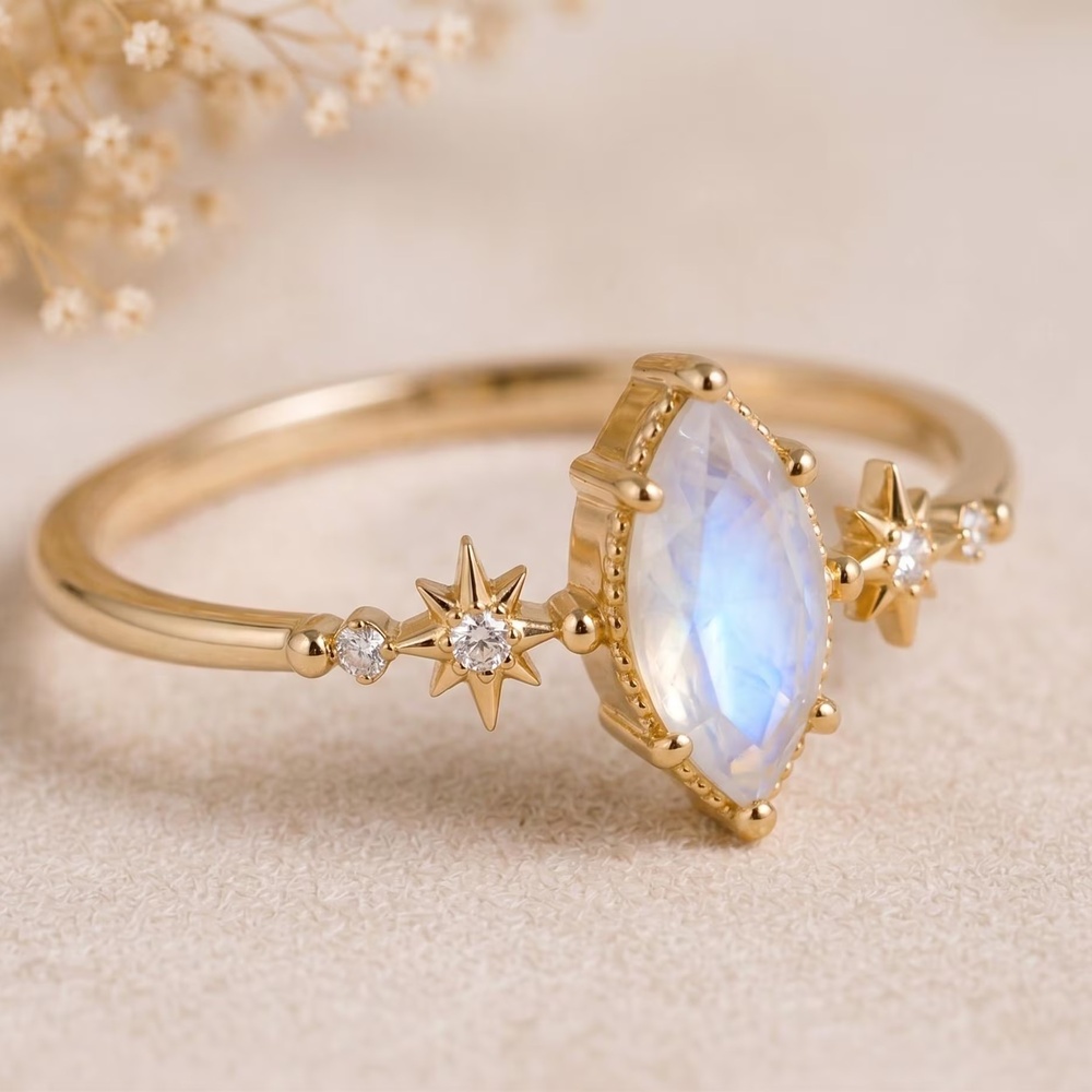 Marquise Cut Diamond White Sterling Silver Celestial Star Moonstone Engagement Ring