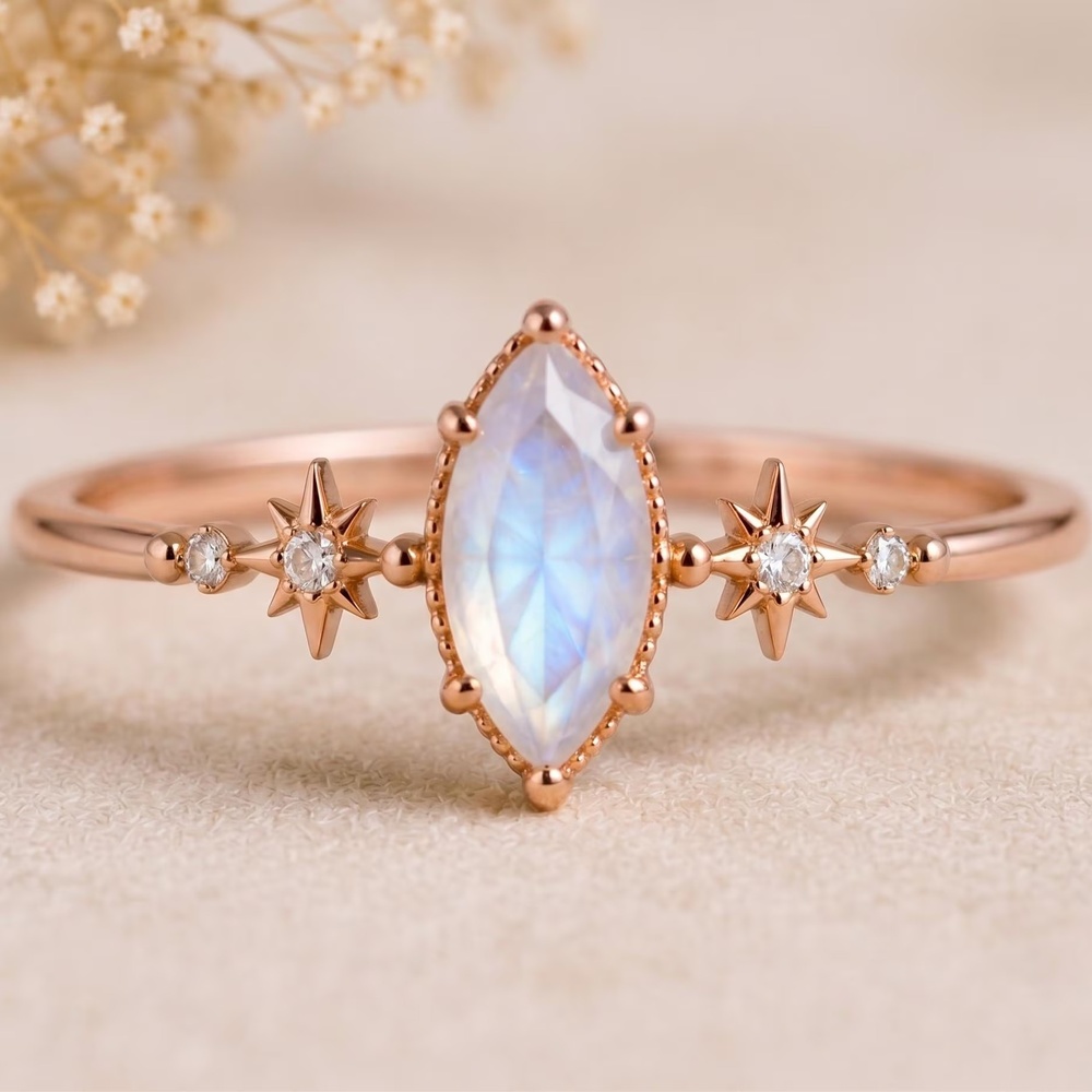 Marquise Cut Diamond White Sterling Silver Celestial Star Moonstone Engagement Ring