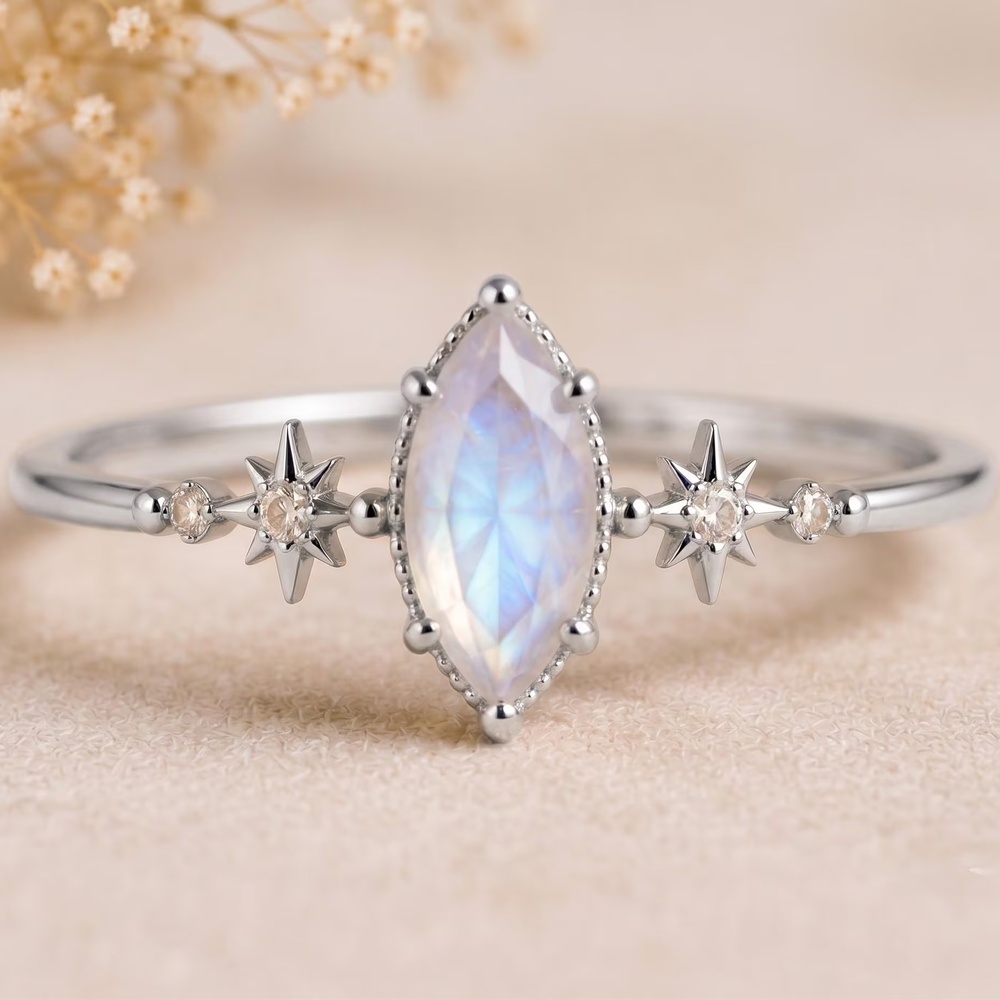 Marquise Cut Diamond White Sterling Silver Celestial Star Moonstone Engagement Ring