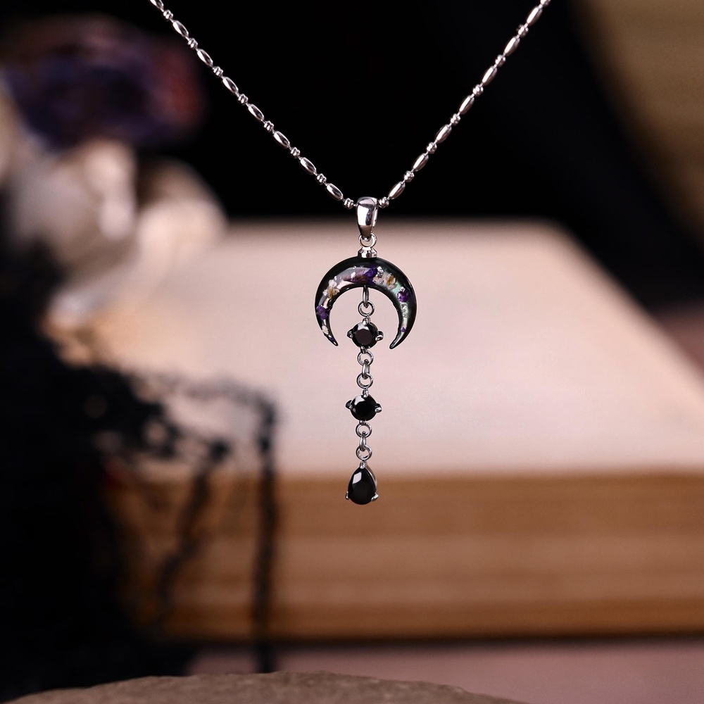 Black Mother of Pearl Gothic Moon 925 Sterling Silver Witchy Celestial Pendant Necklace Halloween Gift