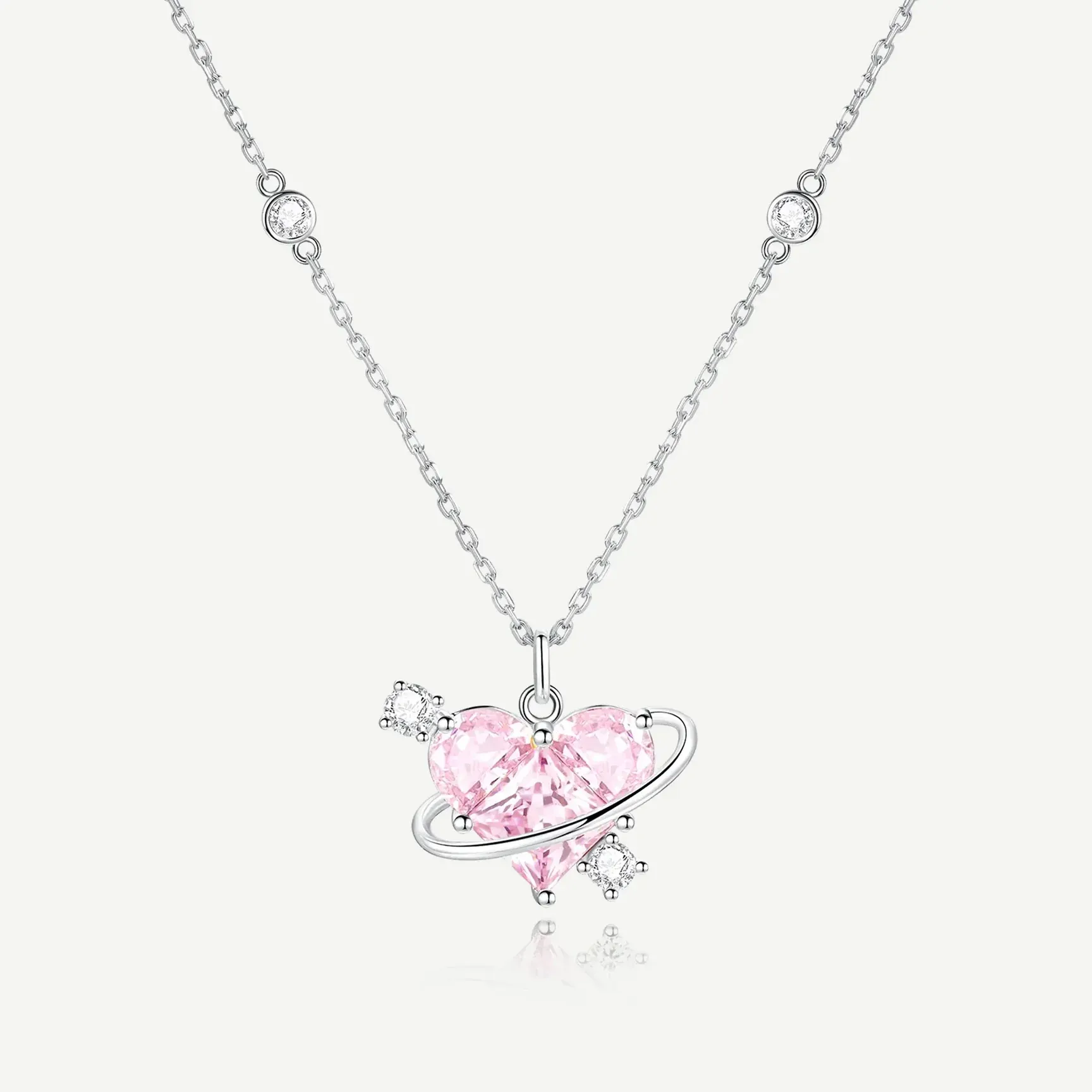 Romantic Heart Cut Fancy Pink 925 Sterling Silver Planet Pendant Necklace