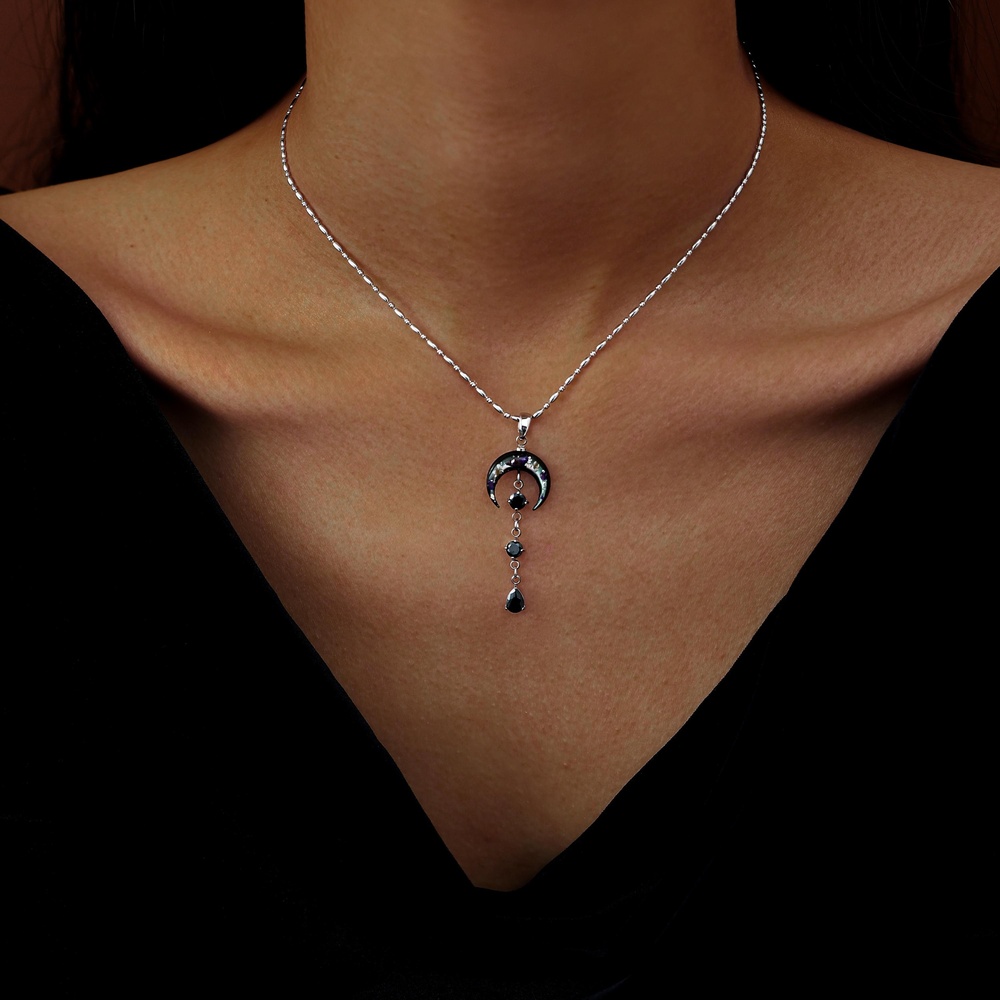 Black Mother of Pearl Gothic Moon 925 Sterling Silver Witchy Celestial Pendant Necklace Halloween Gift
