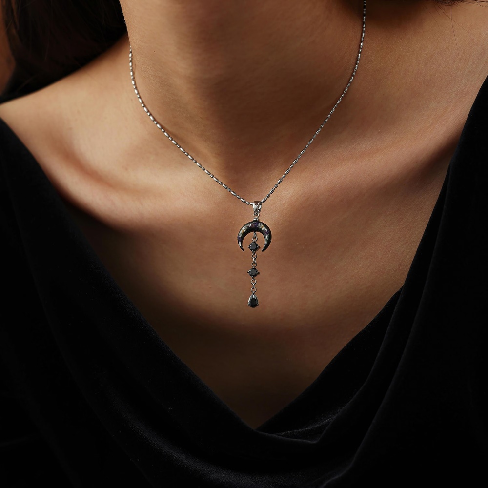 Black Mother of Pearl Gothic Moon 925 Sterling Silver Witchy Celestial Pendant Necklace Halloween Gift