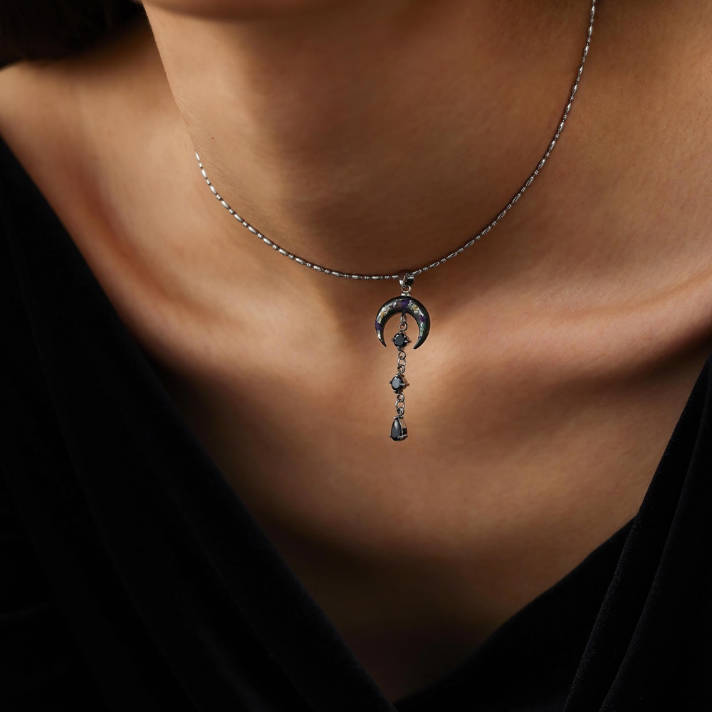 Black Mother of Pearl Gothic Moon 925 Sterling Silver Witchy Celestial Pendant Necklace Halloween Gift