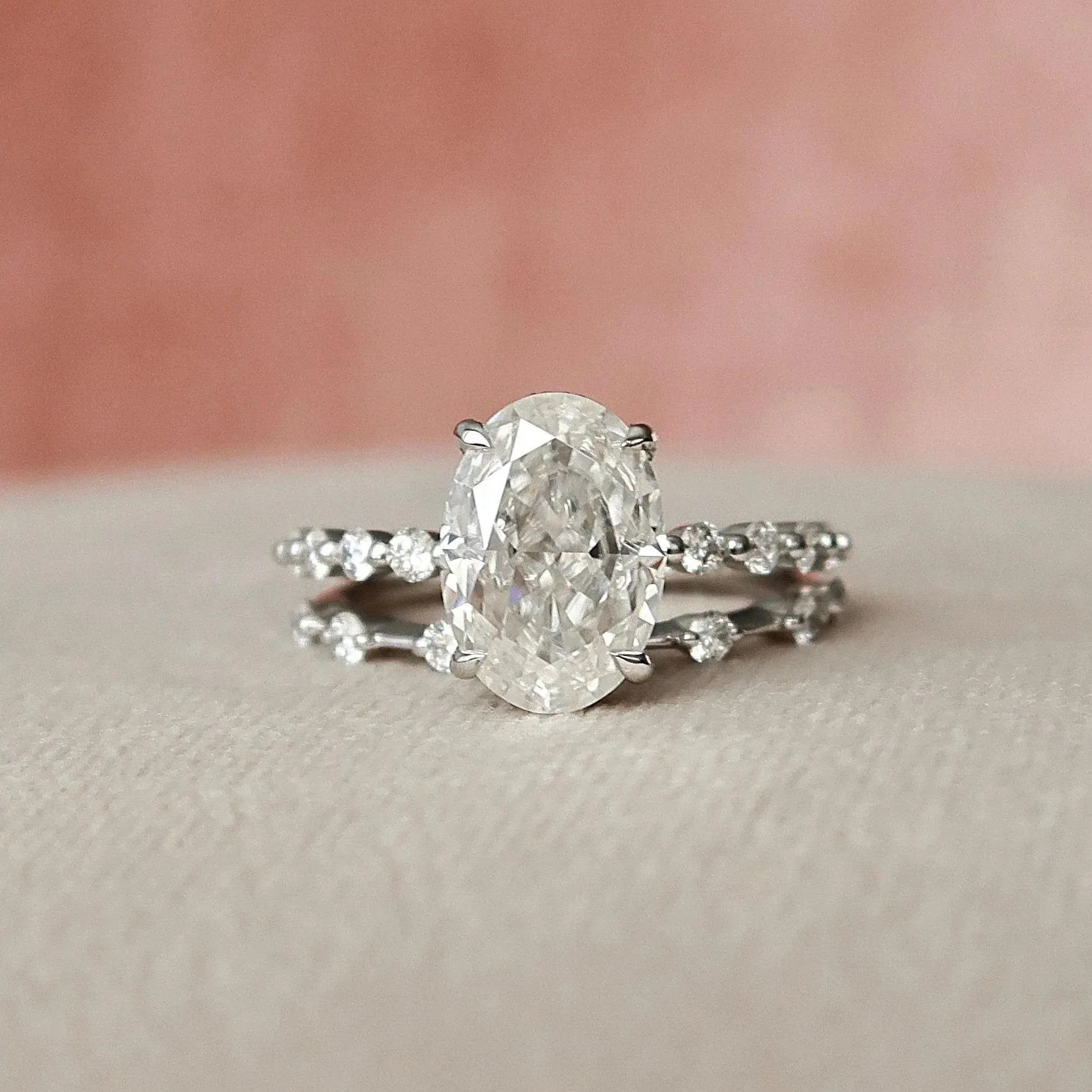Oval Cut Diamond White Sterling Silver Elegant Accent Bridal Ring Sets