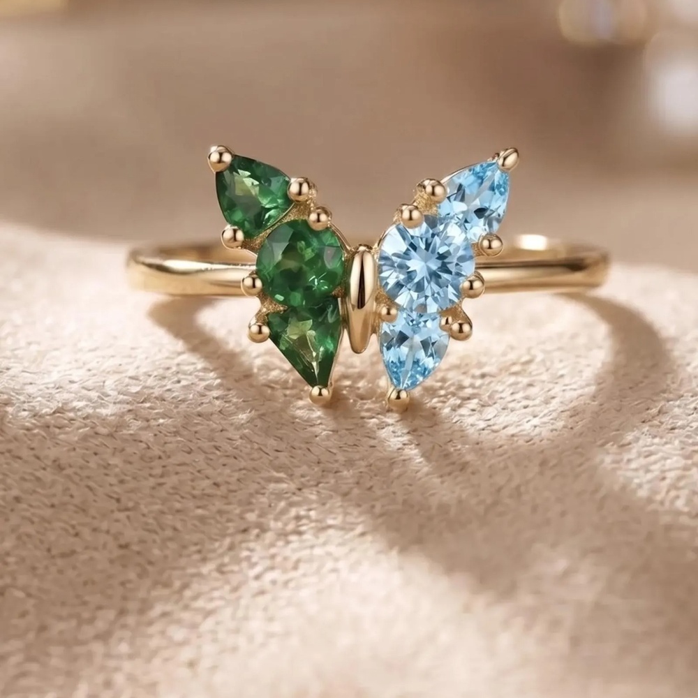 Personalized Two Birthstone Butterfly 925 Sterling Silver Ring Dainty Christmas Keepsakes