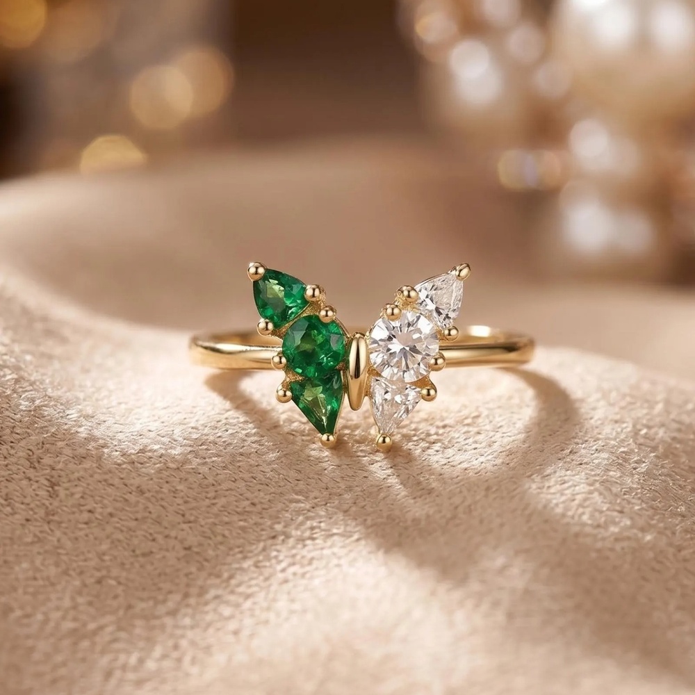 Personalized Two Birthstone Butterfly 925 Sterling Silver Ring Dainty Christmas Keepsakes