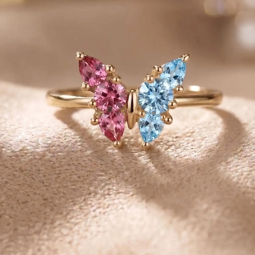 Personalized Two Birthstone Butterfly 925 Sterling Silver Ring Dainty Christmas Keepsakes