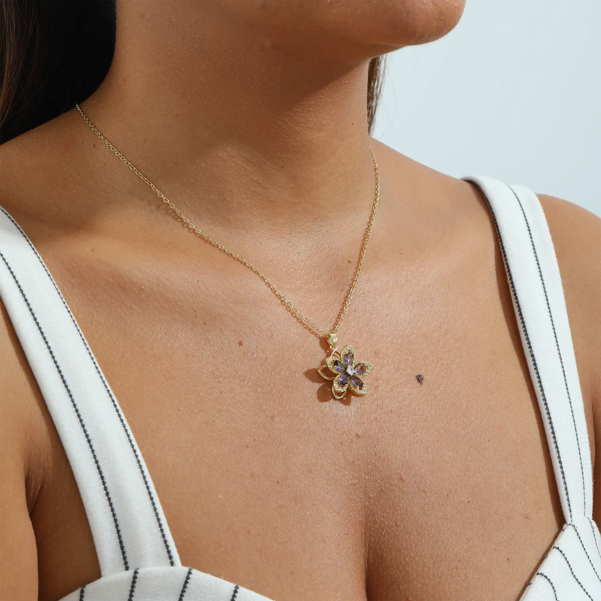 Personalized Birthstone Flower 925 Sterling Silver Yellow Gold Pendant Necklace Gift for Her