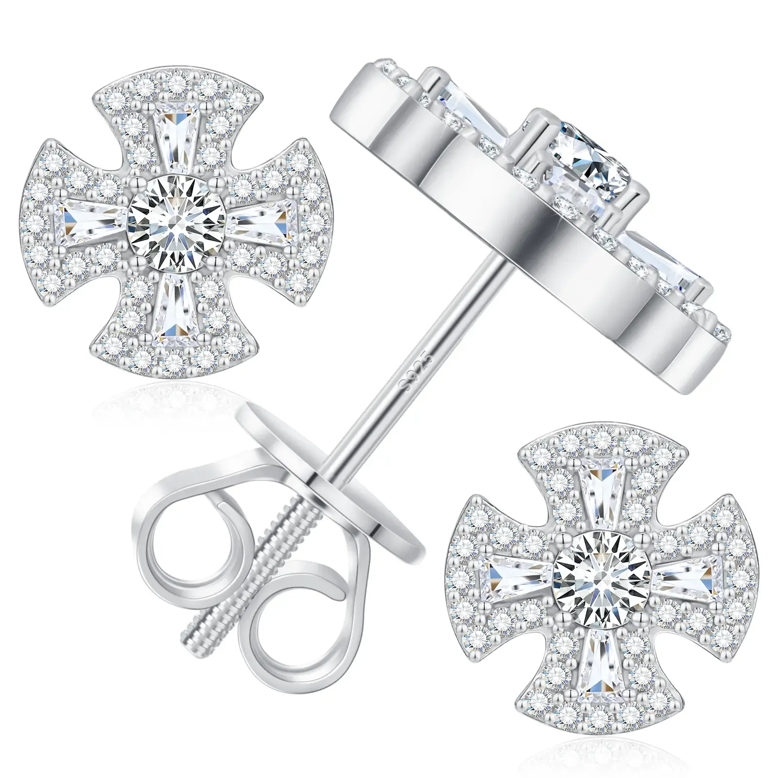 Round Cut Diamond White Sterling Silver Classic Cross Stud Earrings Gift for Her