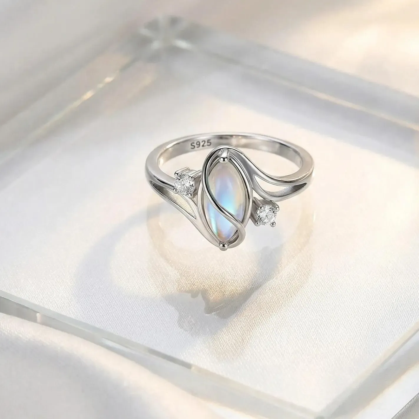 Marquise Cut Moonstone Sterling Silver Romantic 3-Stone Engagement Ring