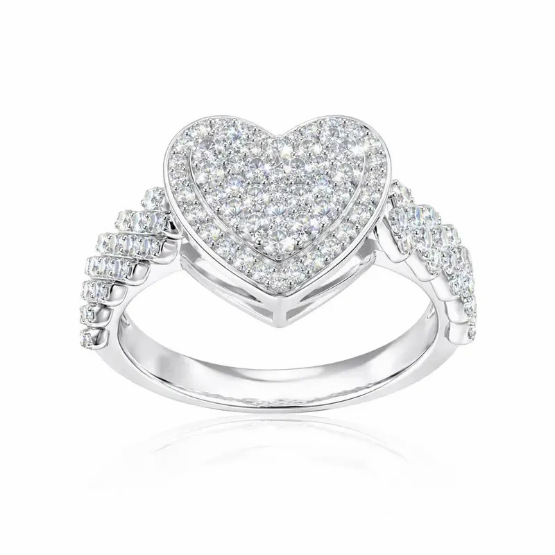 Round Cut Diamond White 925 Sterling Silver Pave Heart Halo Engagement Ring for Women
