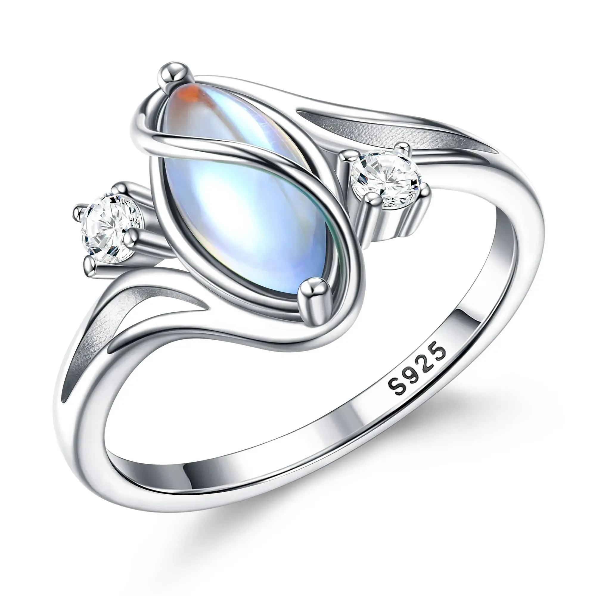Marquise Cut Moonstone Sterling Silver Romantic 3-Stone Engagement Ring