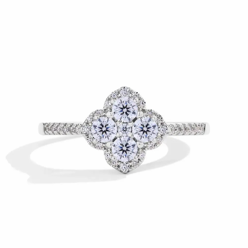 Round Cut 925 Sterling Silver Four Leaf Clover Cluster Halo Engagement Ring