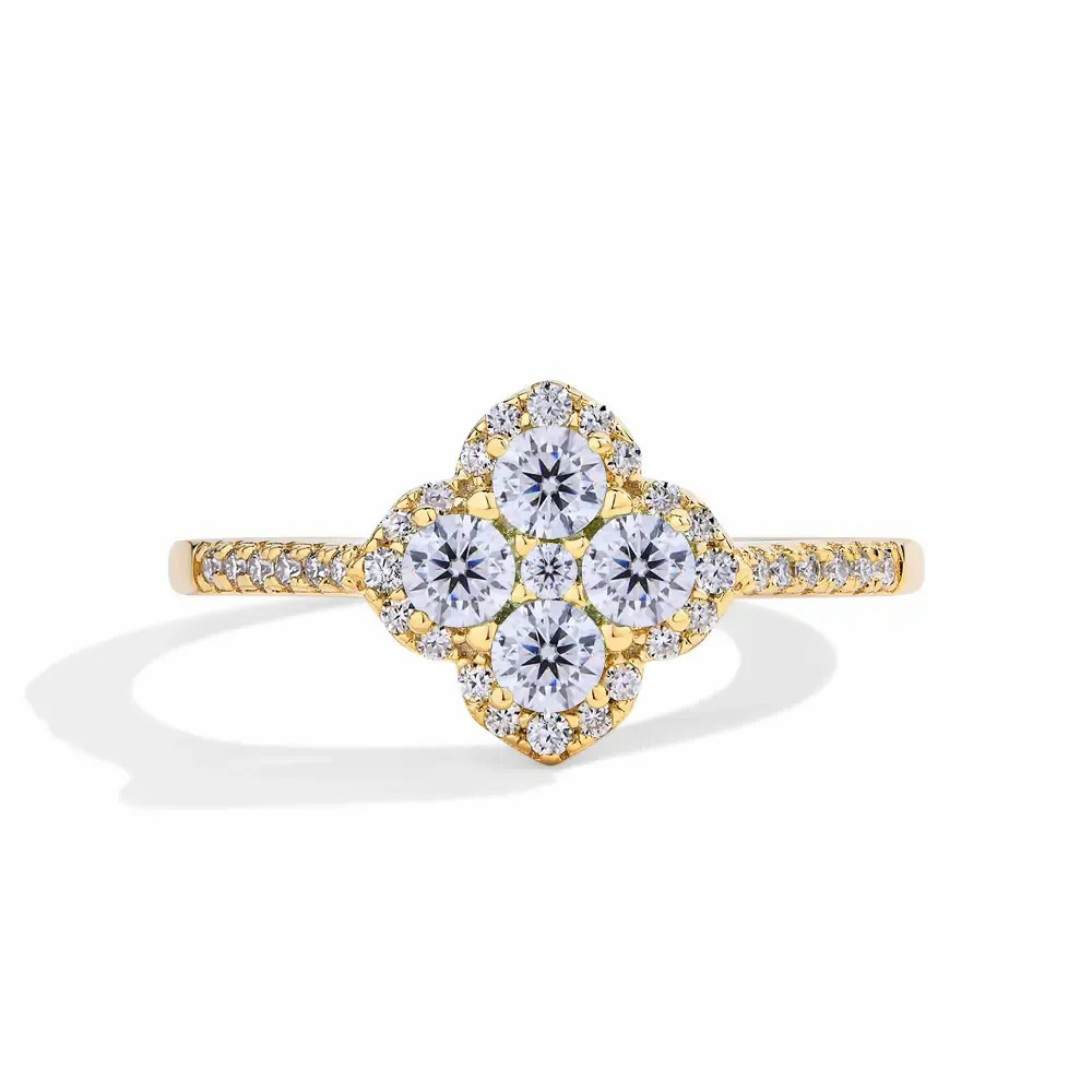 Round Cut 925 Sterling Silver Four Leaf Clover Cluster Halo Engagement Ring