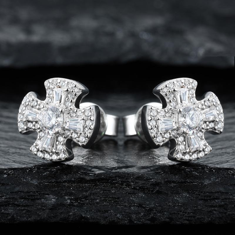 Round Cut Diamond White Sterling Silver Classic Cross Stud Earrings Gift for Her