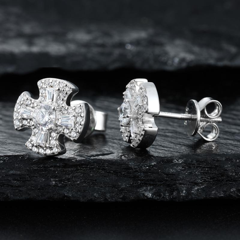 Round Cut Diamond White Sterling Silver Classic Cross Stud Earrings Gift for Her