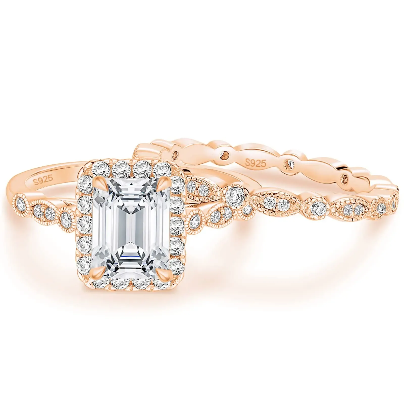 Emerald Cut Diamond White 925 Sterling Silver Halo Bridal Ring Sets