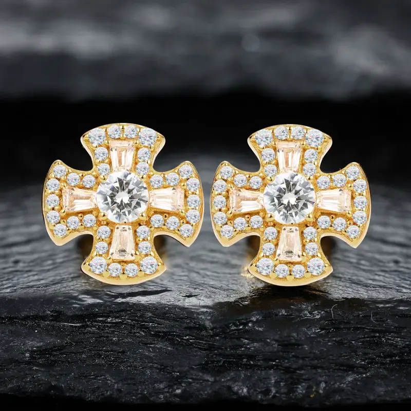 Round Cut Diamond White Sterling Silver Classic Cross Stud Earrings Gift for Her