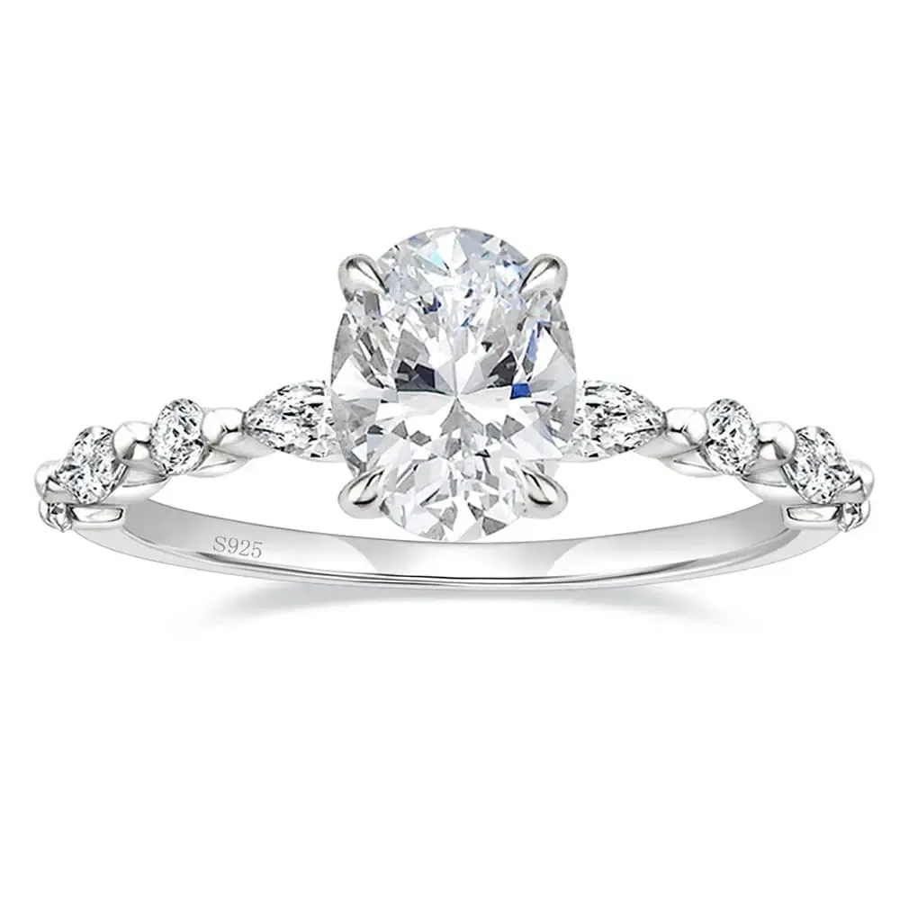 Oval Cut Diamond White 925 Sterling Silver Pave Solitaire Engagement Ring