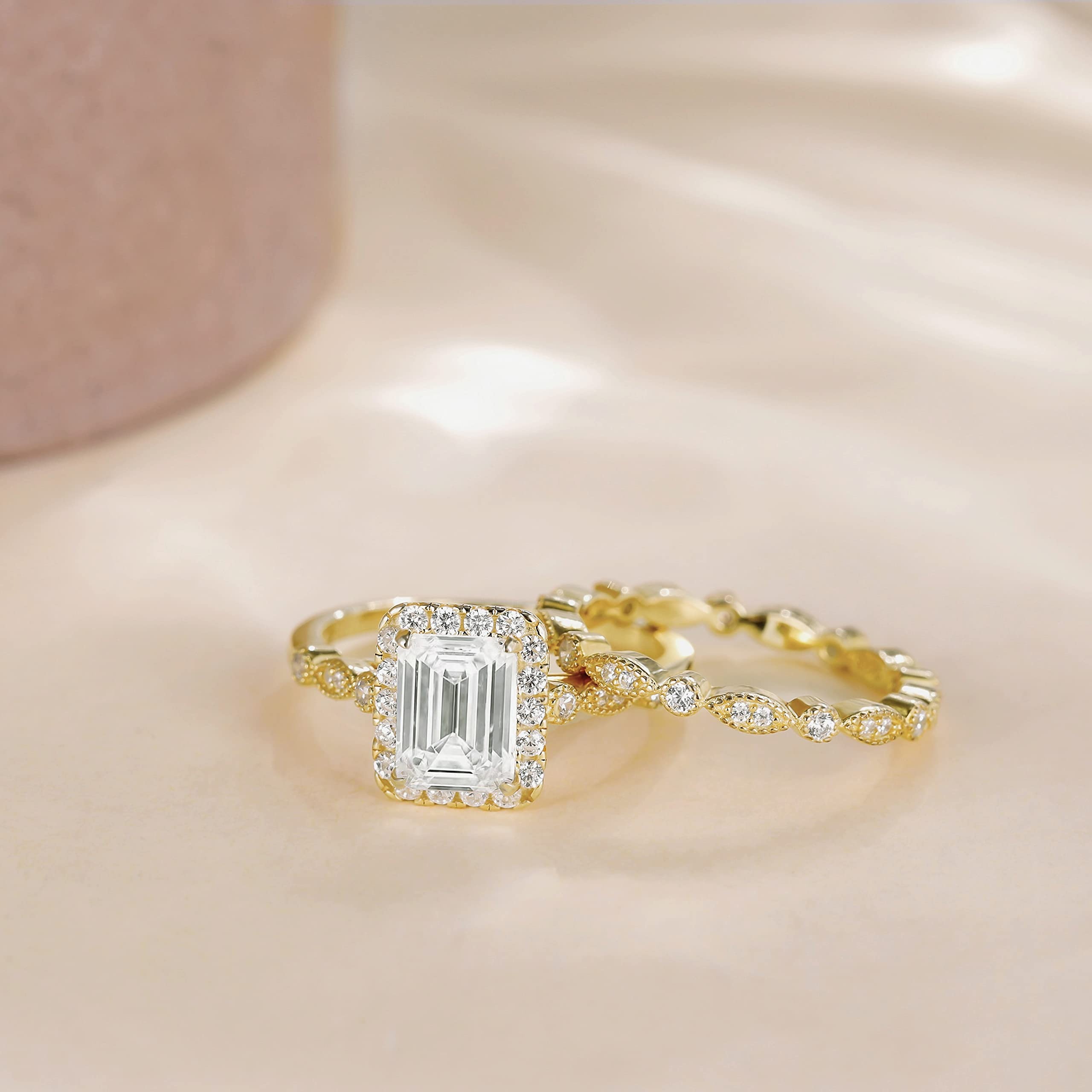 Emerald Cut Diamond White 925 Sterling Silver Halo Bridal Ring Sets