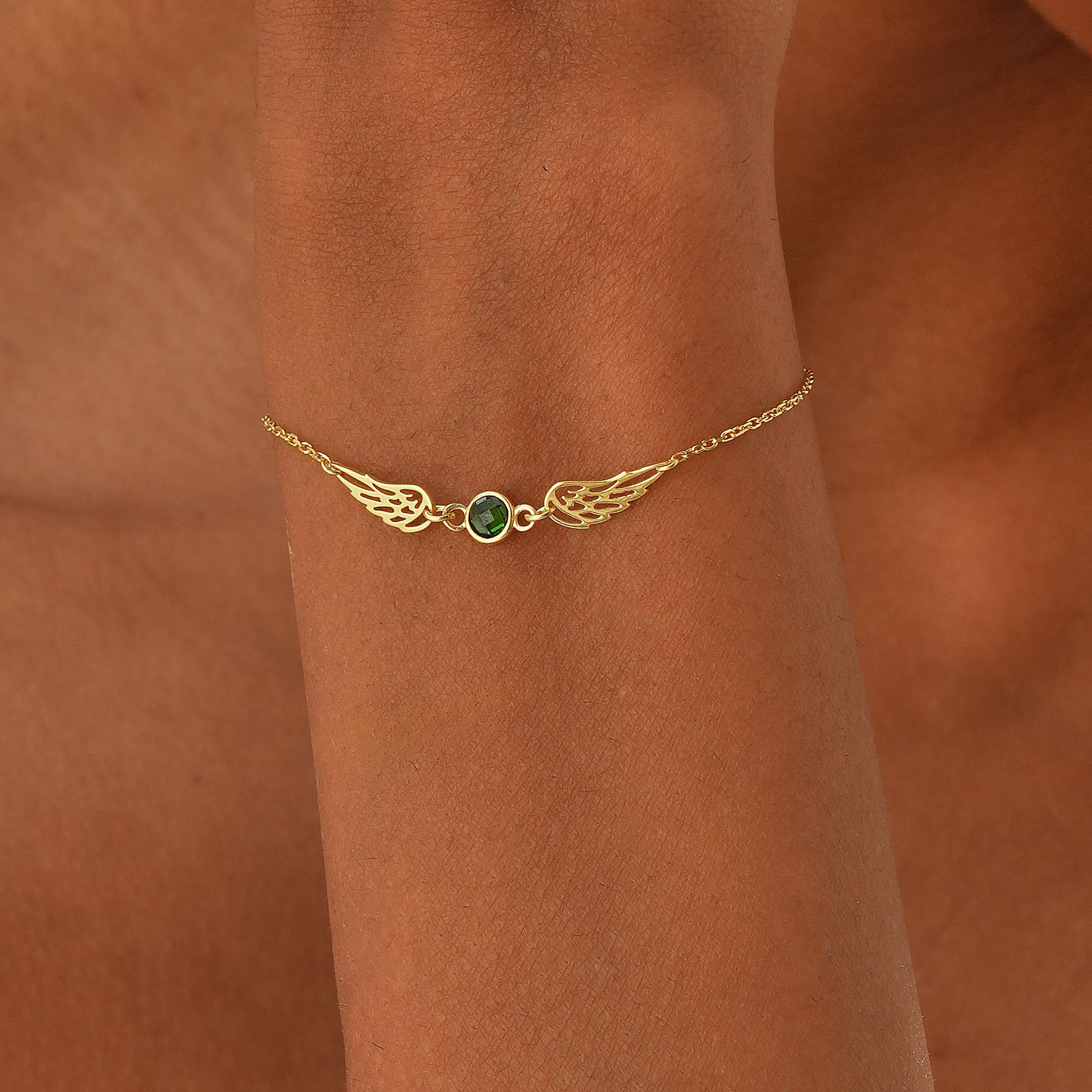 Personalized Birthstone Angel Wings 925 Sterling Silver Bracelet Gift for Her
