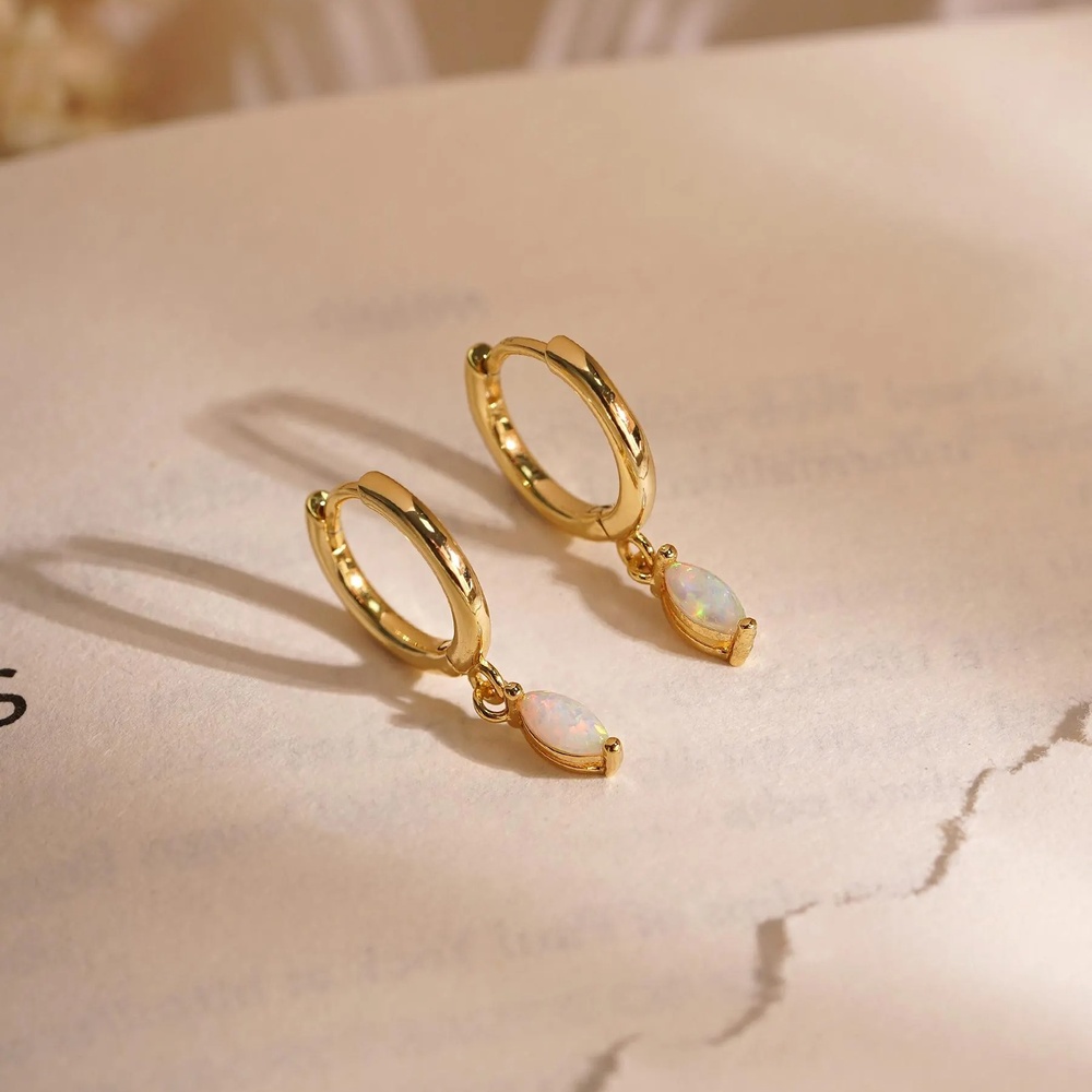 Minimalist Opal 925 Sterling Silver Yellow Gold Dangle Hoop Earrings