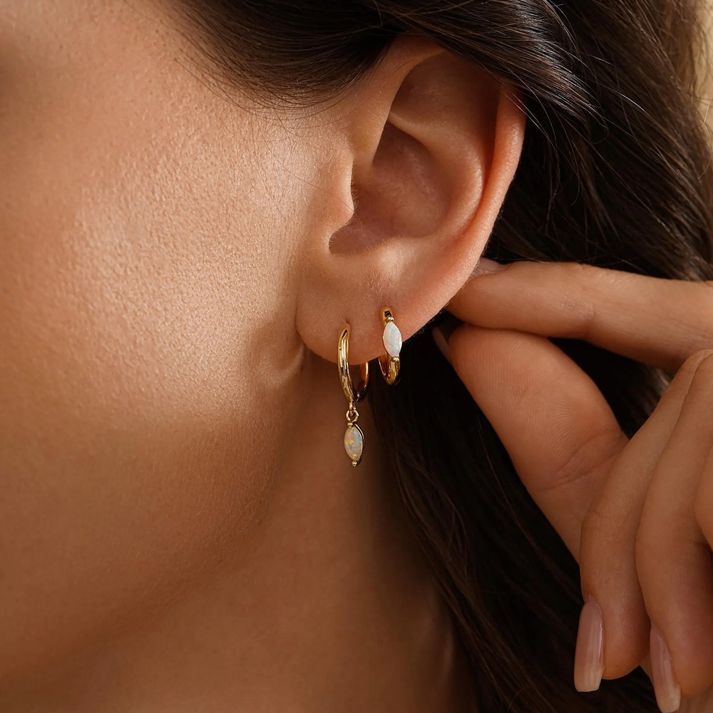 Minimalist Opal 925 Sterling Silver Yellow Gold Dangle Hoop Earrings