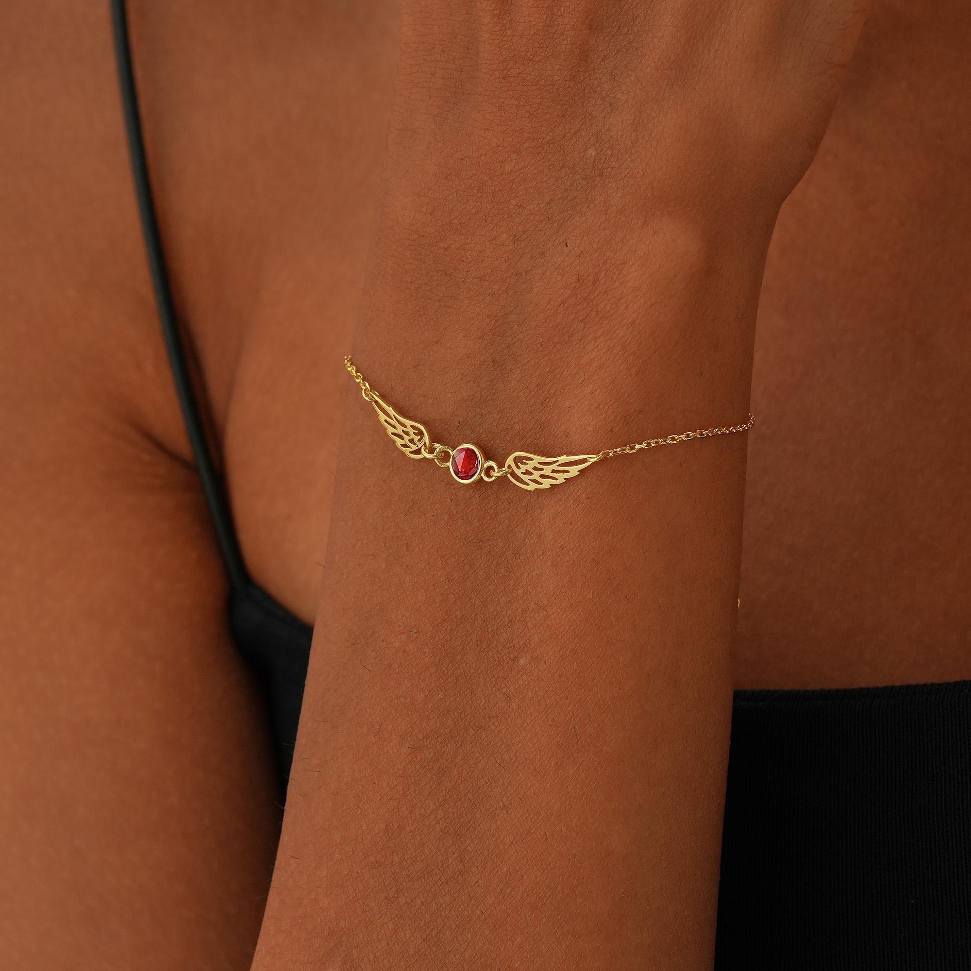 Personalized Birthstone Angel Wings 925 Sterling Silver Bracelet Gift for Her
