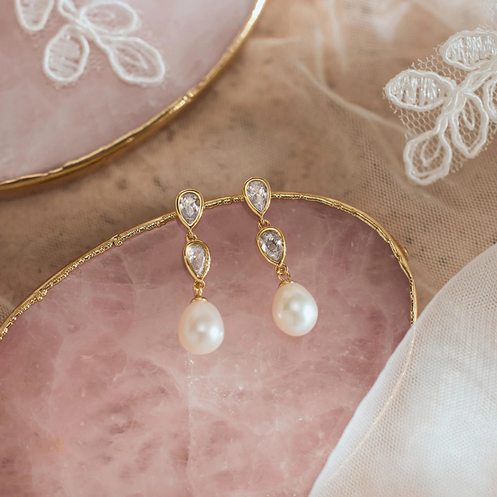 Elegant Freshwater Pearl Diamond 925 Sterling Silver Wedding Teardrop Earrings