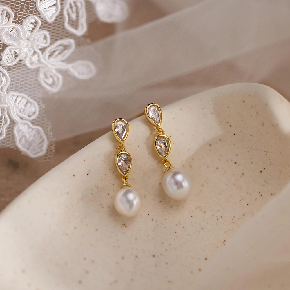 Elegant Freshwater Pearl Diamond 925 Sterling Silver Wedding Teardrop Earrings