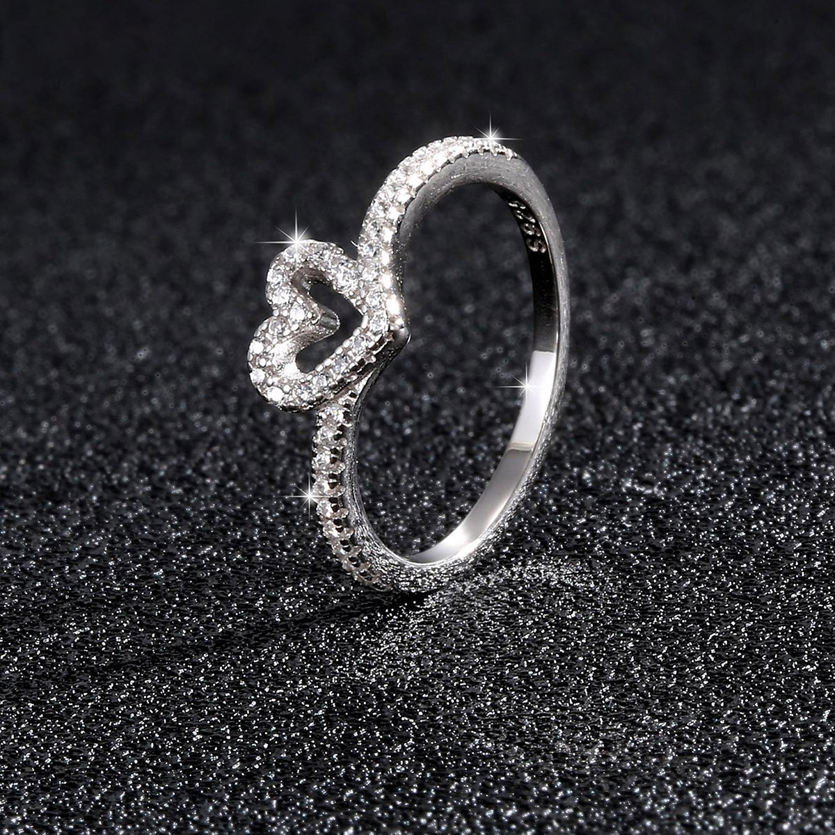 Heart Shaped Diamond White 925 Sterling Silver Hollowed-out Heart Pave Engagement Ring