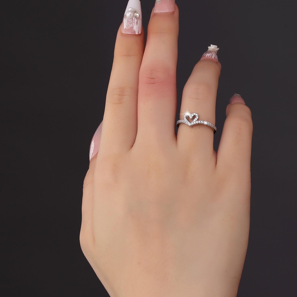 Heart Shaped Diamond White 925 Sterling Silver Hollowed-out Heart Pave Engagement Ring